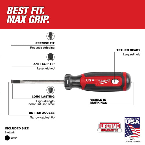 Milwaukee 3/16 Cabinet 6 Cushion Grip Screwdriver (USA)